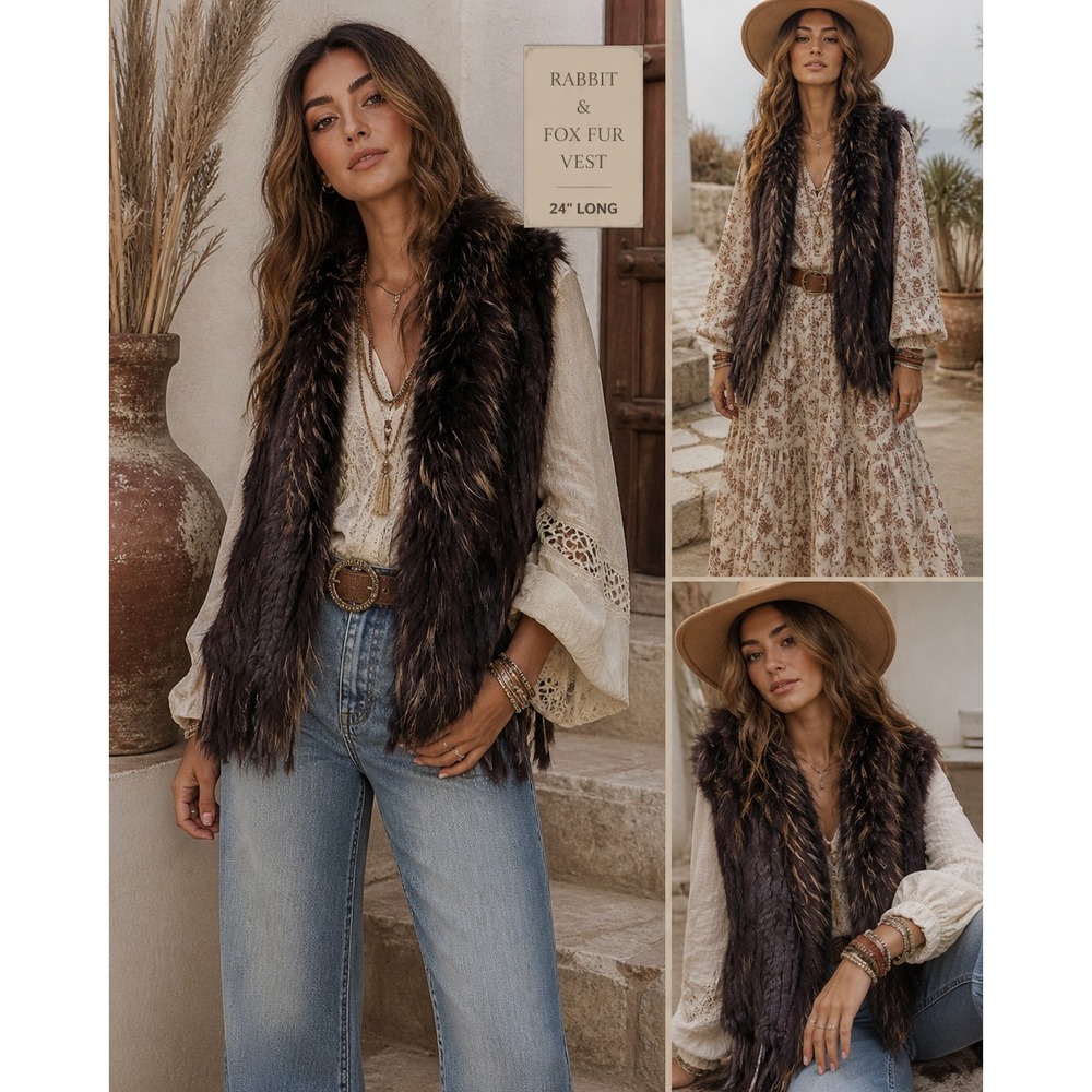 Tempo Paris Boho Chic Fox & Rabbit Fur Fringe Vest Brown Quiet Luxury Size M